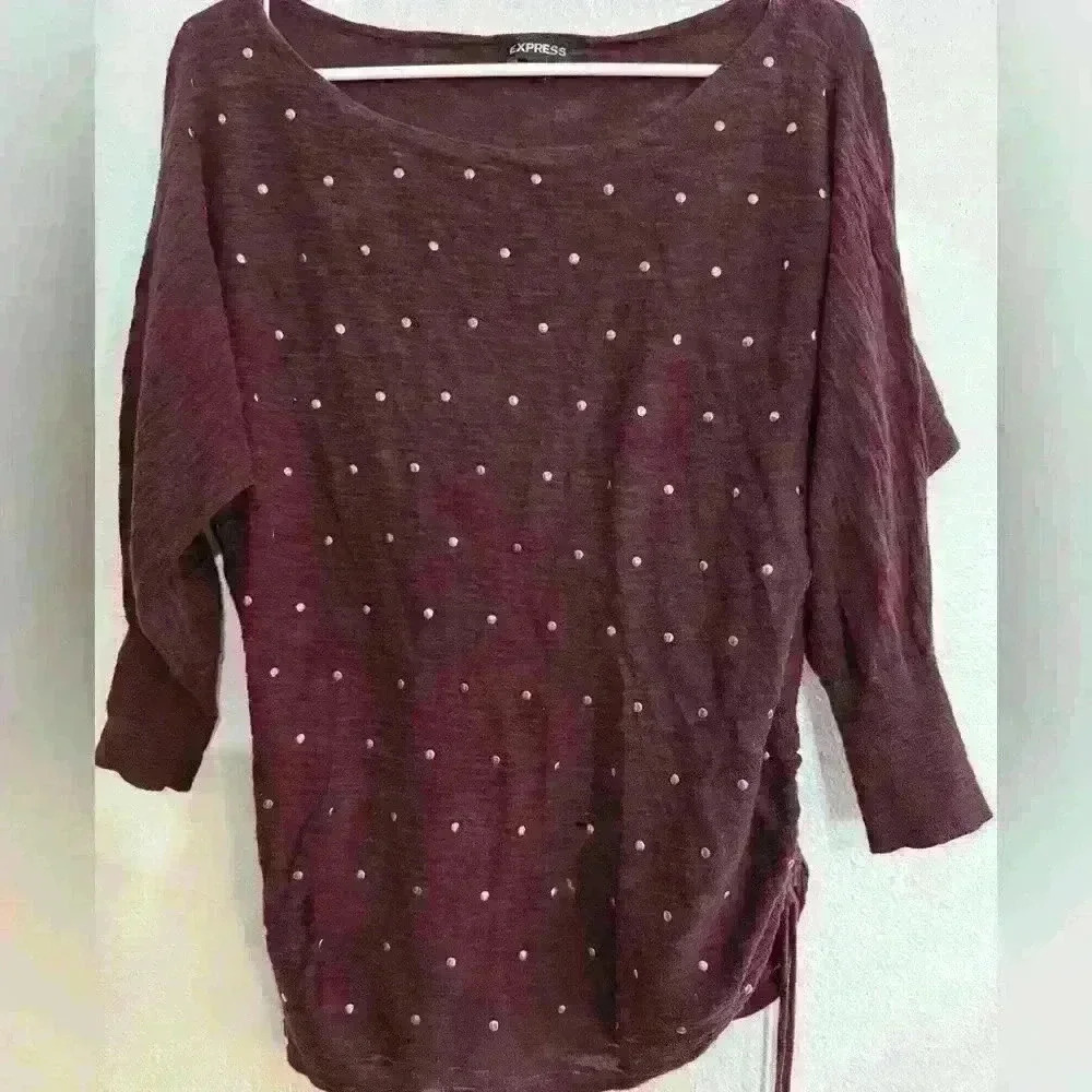 Express Long Sleeve Studded Front Pullover Blouse